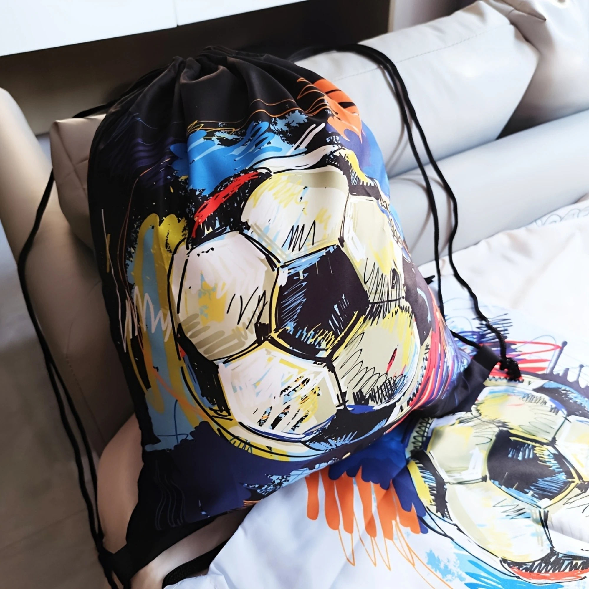 1-Piece Large Soccer Print Fashion Drawstring Backpack, Lightweight & Foldable, Suitable for Outdoor Activity Storage Bag