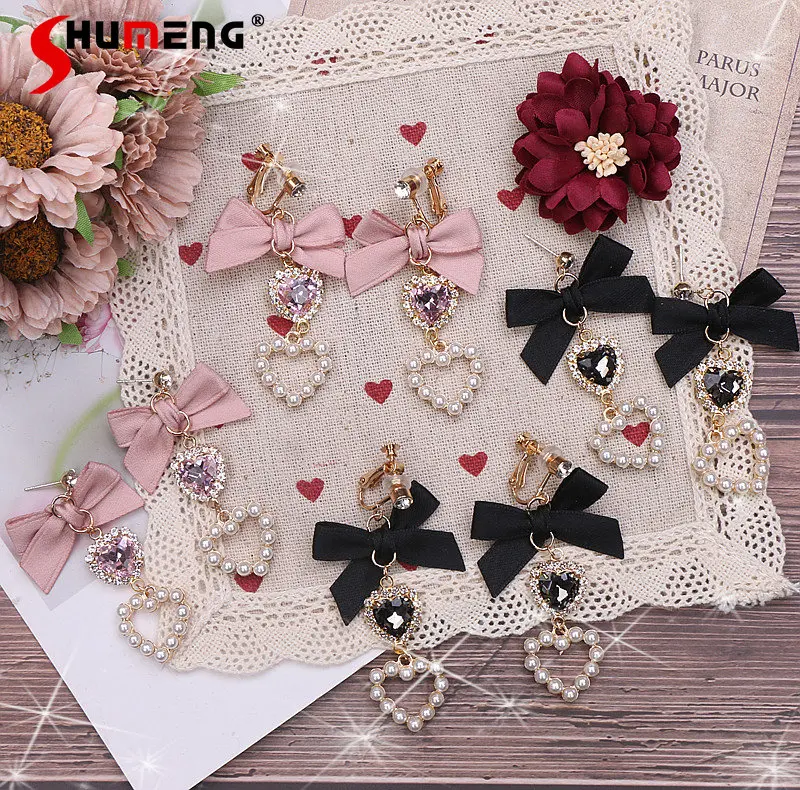 Japanese Style Sweet  Silver Needle and Cute Bow for Cute Girl Rhinestone Pearl Hearth-Shaped Earring 925 Silver Needle Ear Clip