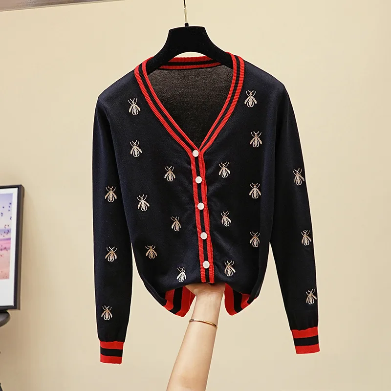 High Quality Sweater Fashion Designer Bee Embroidery Cardigan Long sleeve Single Breasted Contrast Color Button Knitted Sweaters