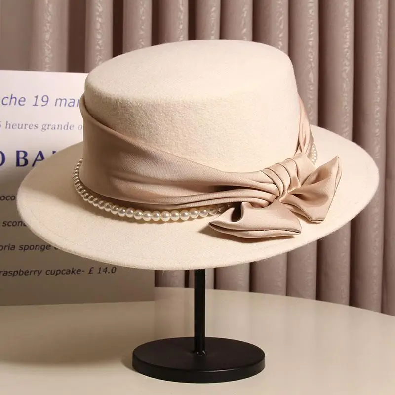 Herbst-Winter Französischer Leichter Luxus Perlen-Schleife Filz Flat-Top Formeller Hut Eleganter Britischer Stil Damenhut für Alltag Party Dating – Detail 7