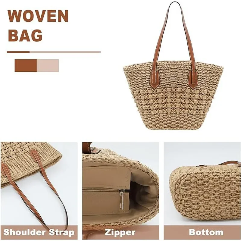 Women's Handwoven Straw Tote Bag Large Capacity Versatile Summer Vegetable Basket Shoulder Bag view 4