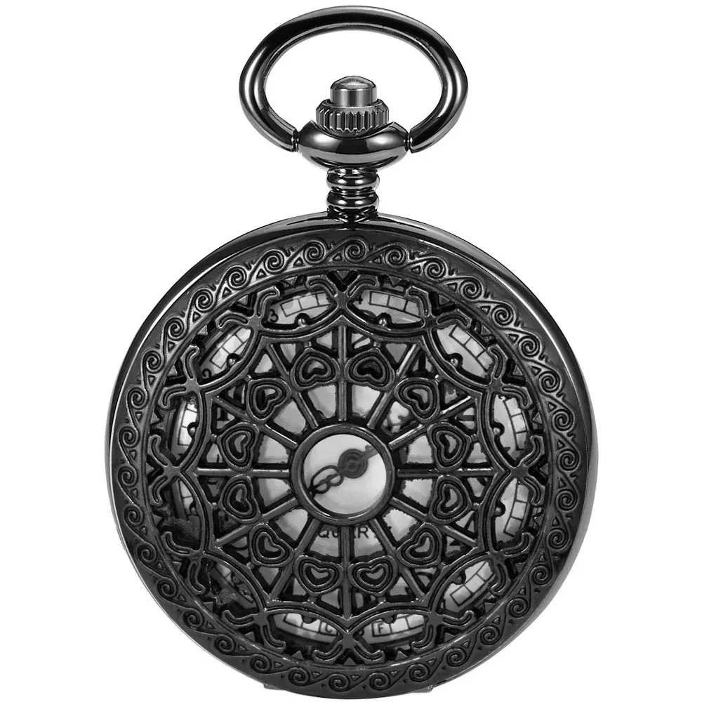 قدس أسود رائع على شكل قلب تخريمية الهيكل العظمي ساعة جيب مستديرة إكسسوارات مجوهرات نسائية ساعة رجالي قلادة أفضل هدية