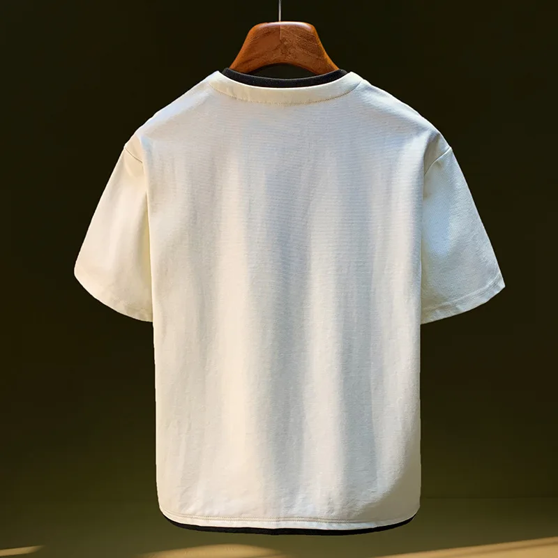 ฤดูร้อนเสื้อยืดผู้ชายอินเทรนด์ถักปักคอวีปลอมสองชิ้นซ้อนแขนสั้นระบายอากาศบางด้านบน