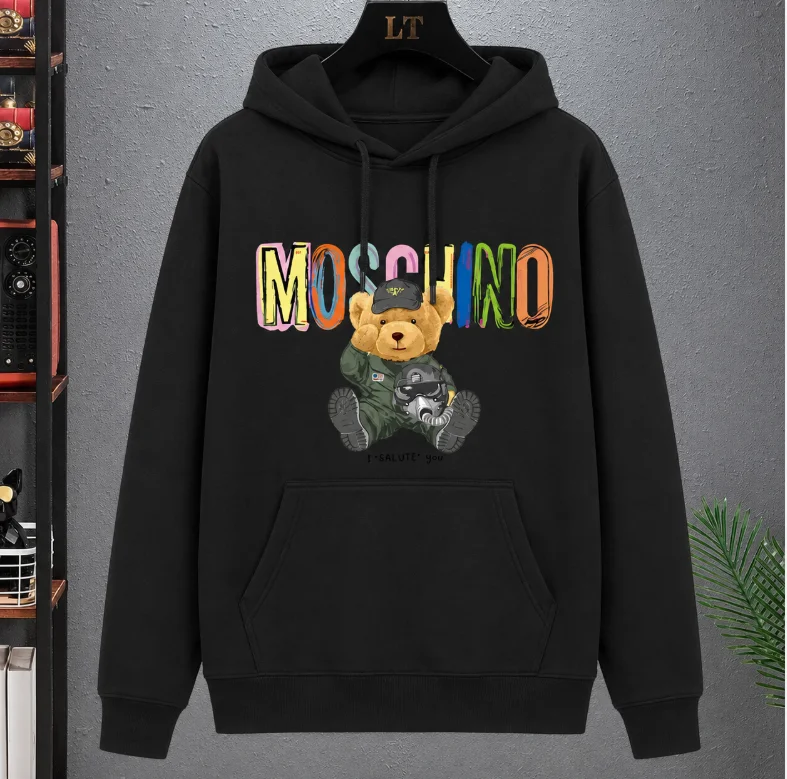 2026 Colorful Letter Teddy Bear Print Unisex Cotton Hoodie Casual Loose Pullover Hooded Sweatshirt Autumn Winter Daily Wear