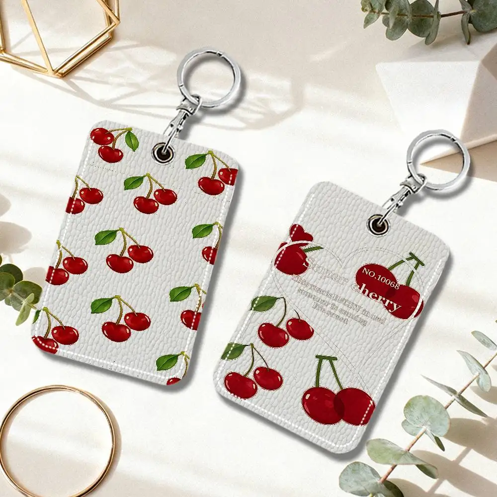 Red Retro Cherry Leather Card Holder Keychain Key Ring Access Tags ID Card Case Keychain Card