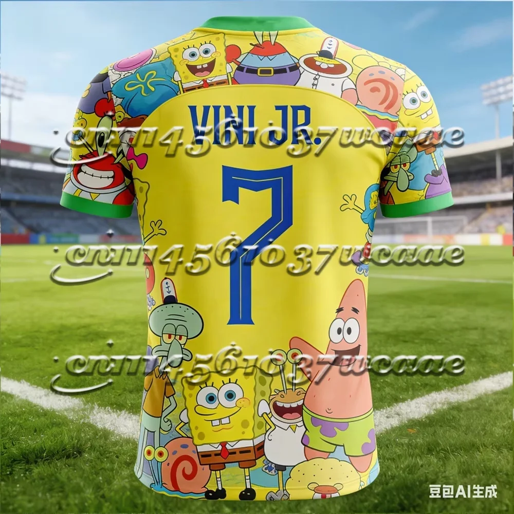 

2026 New Universal Exclusive Design Vini Jr. 7 × SpongeBob Allover Print Multicolor Soccer Jersey With White Trim FamilyMatching