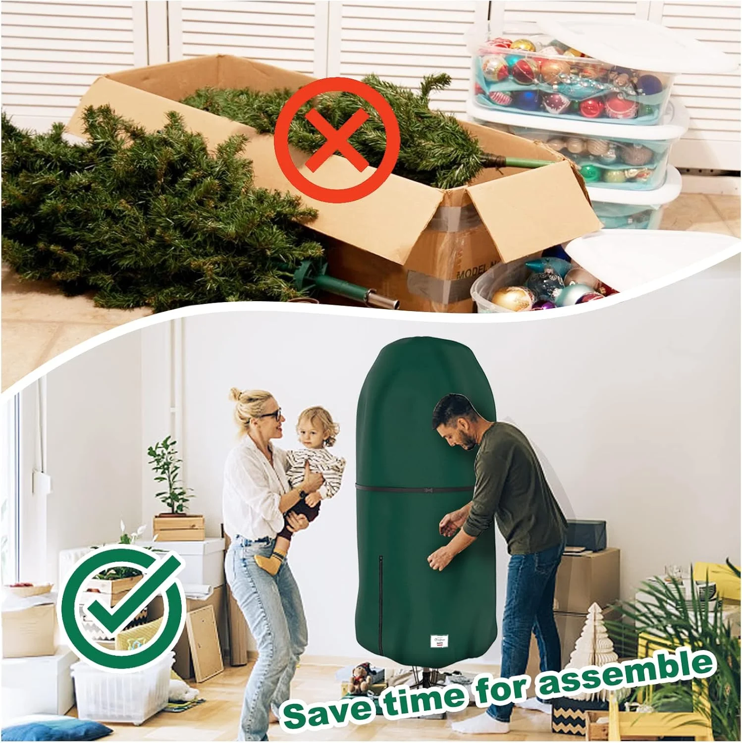 Christmas Tree Cover with Adjustable Straps, Durable Upright Xmas Tree Storage Bag with Zipper Drawstring Waterproof Dustproof