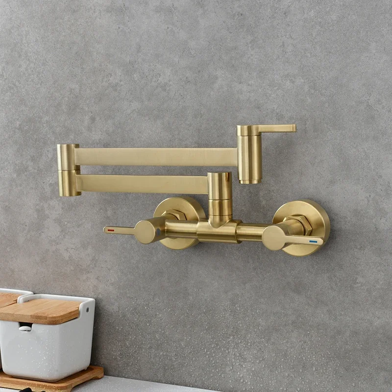 Newest Wall Mounted Brass Kitchen sink faucet Cold hot water Copper Kitchen faucet Foldable Fashion design Ktichen Tap,Gold