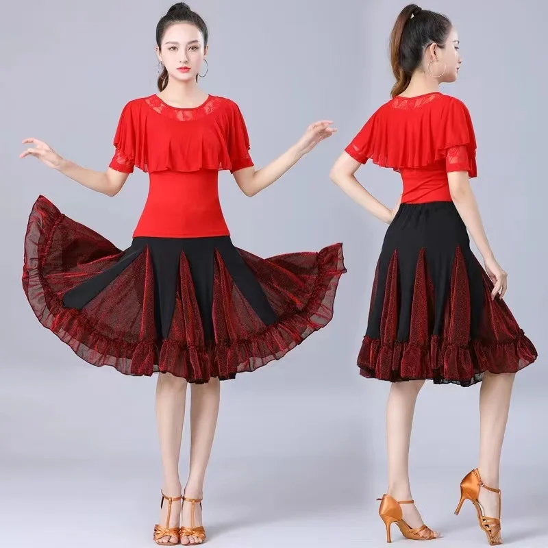 Elegant Mid-Long Latin Dance Skirt For Women New Style Comfory Soft Ballroom Dance Dress Waltz Dance Wear Suit Top and Skirt