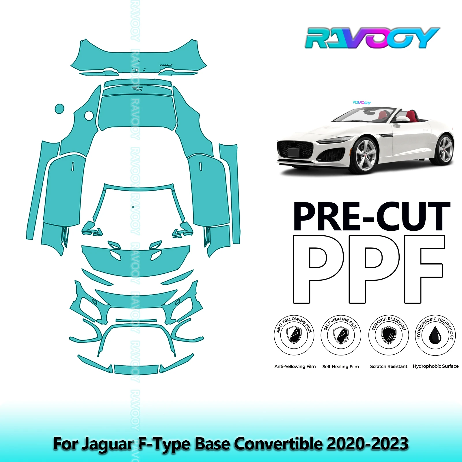 RAVOOY 8.5Mil Custom-Fit Precut TPU PPF Full Vehicle Clear Bra Stone Guard EU UK For Jaguar F-Type Base Convertible 2020-2023