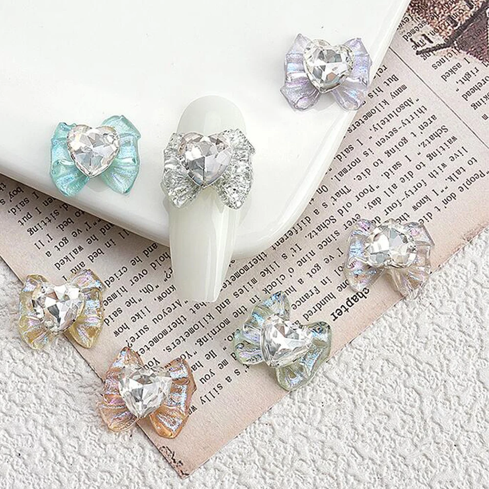 10pcs 3D White Glitter Bowknot Nail Art Charms Sparkle Ice Clear Resin Love Heart Diamond Nail Art Decorations Kawaii Nail Gems