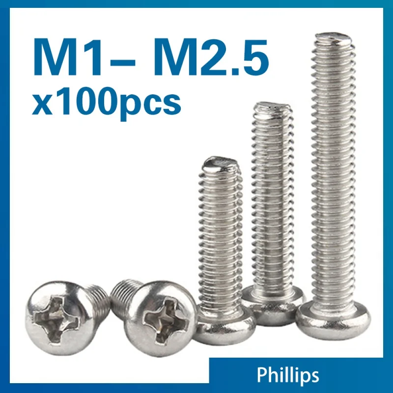 100pcs/lot Cross Recessed PM Pan Round Head Screws M1.2 M1.4 M1.6 M2 M2.5 A2-70 Stainless Steel Phillips Machine Screw