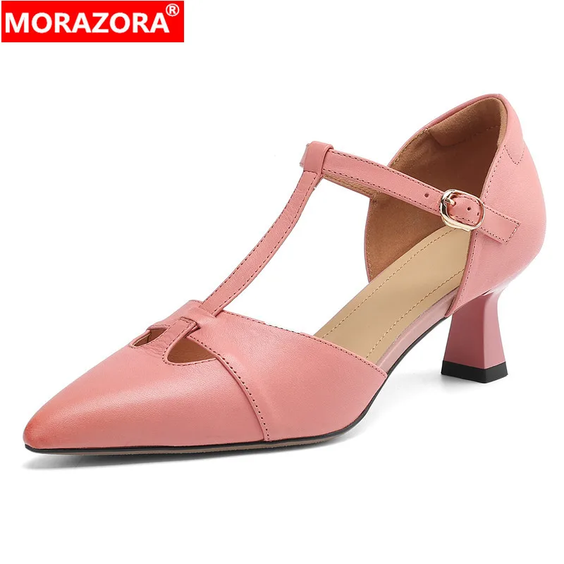 

MORAZORA/Новая обувь из натуральной кожи, женские сандалии с Т-образным ремешком, летние туфли на высоком каблуке с острым носком, женские офисные модельные свадебные туфли