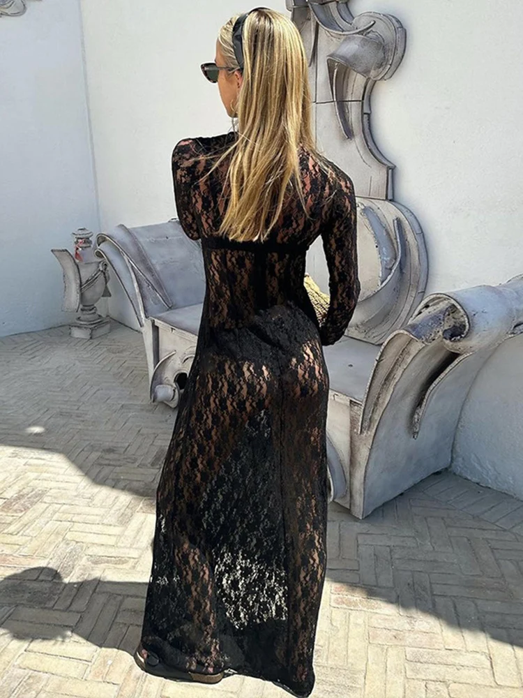 Tossy See-through Mesh Tight Maxi Dress Sexy Hollow Out Lace Mesh Patchwork Women Fashion Full Sleeve Banquent Long Dress 2024