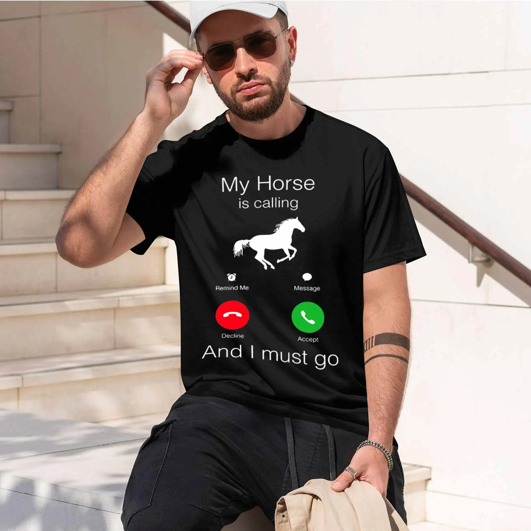 2026 new printed T-shirtMen's Funny Horse Incoming Call Graphic T-shirt Novelty Decline Answer Print Casual Short Sleeve Tee