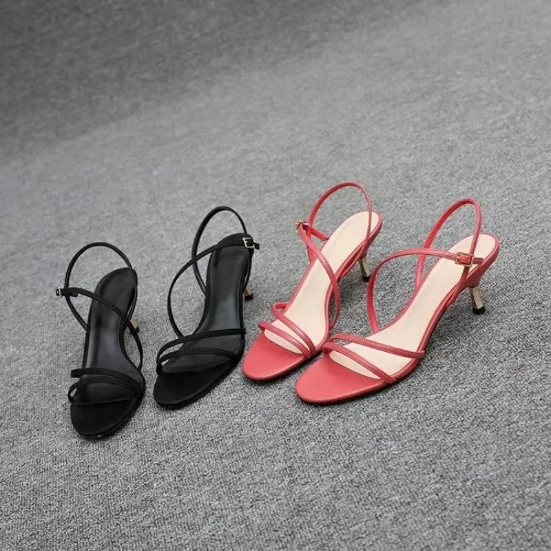 2024 Summer New Women's Shoes Niche One-row Strap Sexy High Heel Open Toe Wearable Rubber Outsole Sandals Women's Fine Heel