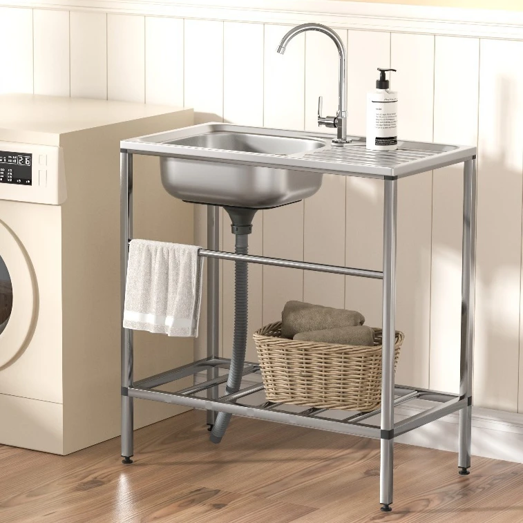 Free Standing Single Bowl Commercial Kitchen Sink Set w/Faucet Utility Washing Hand Basin Workbench Storage Shelf Indoor Outdoor