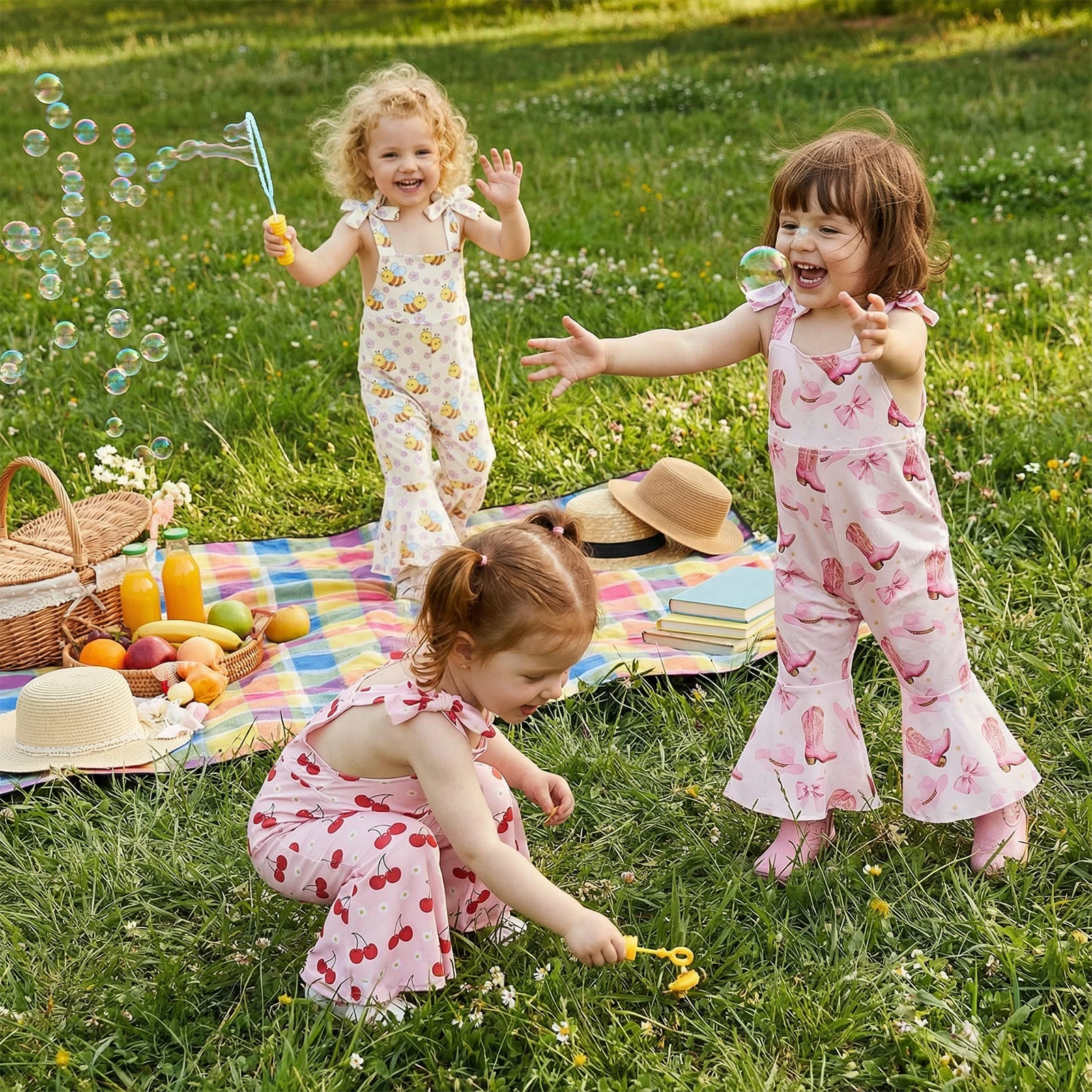 

Toddler Baby Girls Summer Jumpsuit Bell Bottoms Casual Bee Western Cherry Print Tie Shoulder Overalls