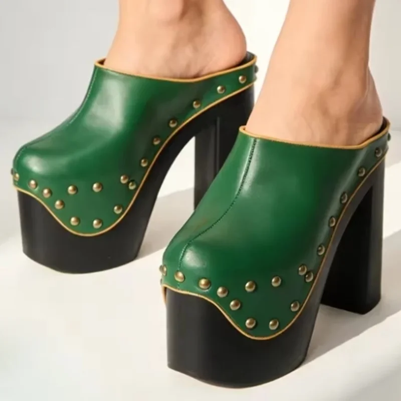 Platform Metal Rivet Square Heel Pumps Sexy Round Toe Slip On Patchwork Leather Customized New Arrivals Fashion Women Shoes