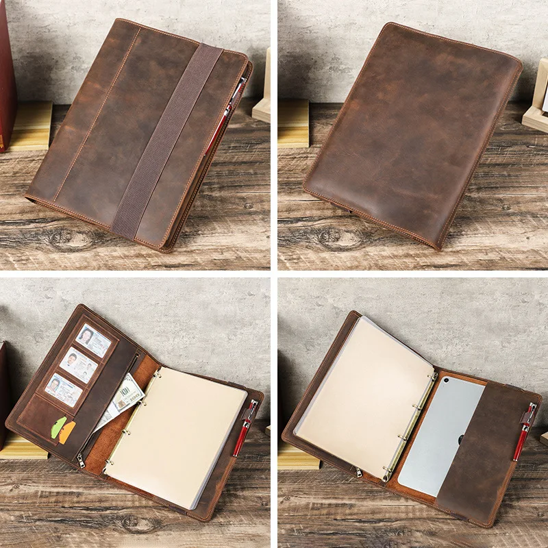 Retro Wild Horse Leather A4 Loose-Leaf Notebook Cover Multi-functional Replaceable Inner Core for Business Office Use