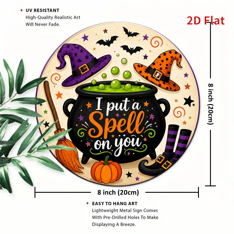 2D Flat - [2Dflat], 1pc 20X20Cm- I Put A Spell on You Witch Cauldron Pumpkin Metal Aluminum Tin Plaque Halloween Decor Wall Sign