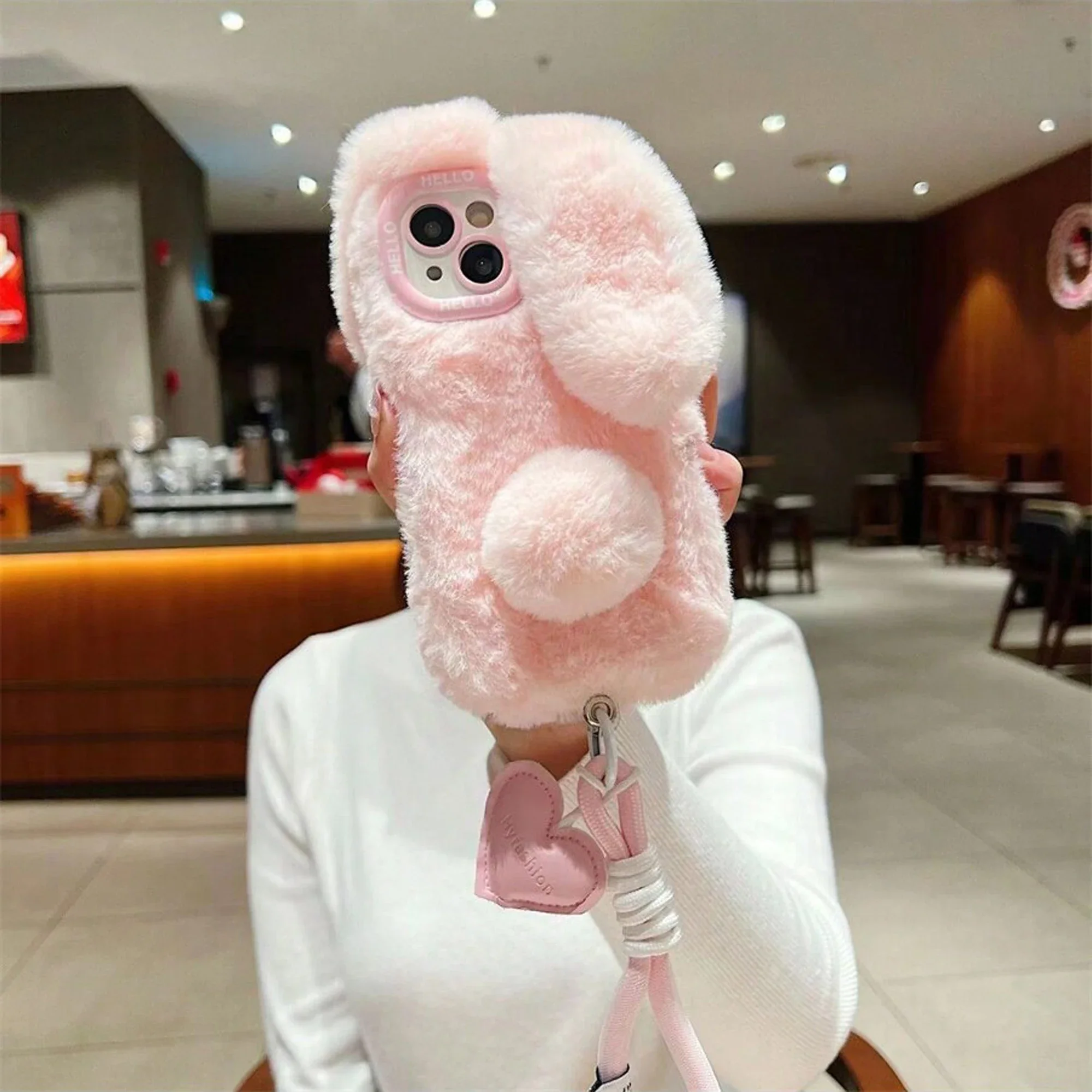 For IPhone 16 15 14 13 12 Pro Max Pink Long Ears Rabbit Plush Phone Case Fall Winter Cute Warm Phone Protective Jacket