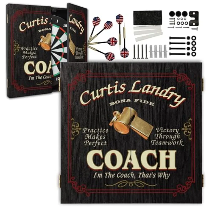 

Personalized Coach Dartboard Cabinet for Office with Scoreboard - 6 Steel Tip Darts Chalk Eraser - 21.5 x 21 x 2.125 Wooden Fin