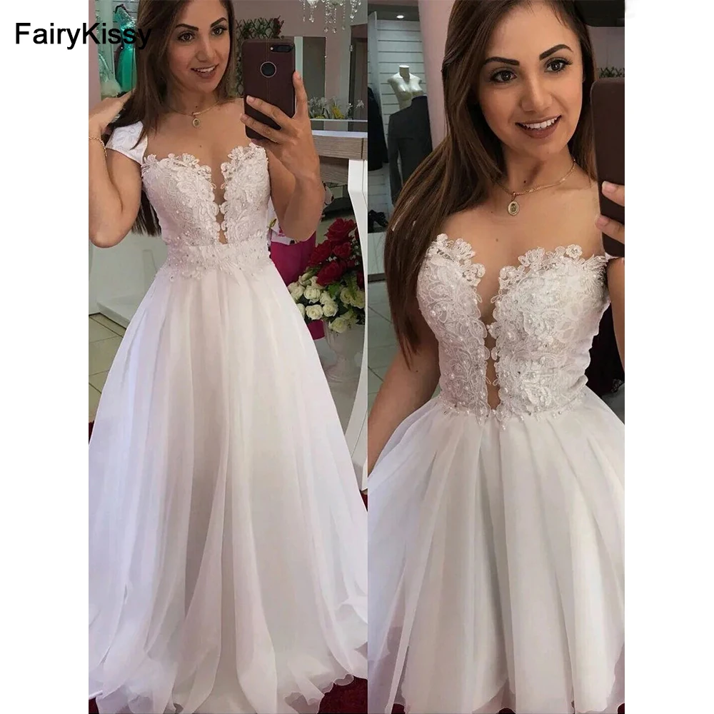 

FairyKissy White Tulle Detachable Train 2 in 1 Wedding Dresses Pearls Lace Cap Sleeves Removable Skirt Wedding Gowns
