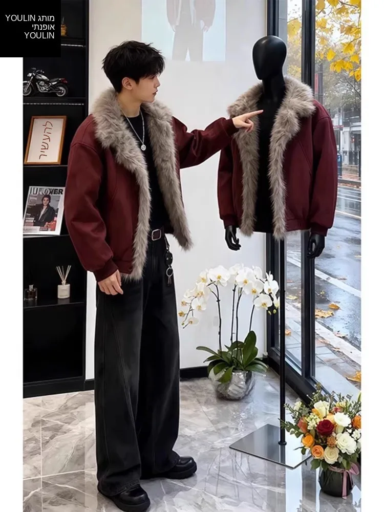 Red Wine Color Fur Collar Short Jacket Men's Winter Thickened Suede Mink Velvet Cotton Coat Cleanfit Style Long Sleeve Coat