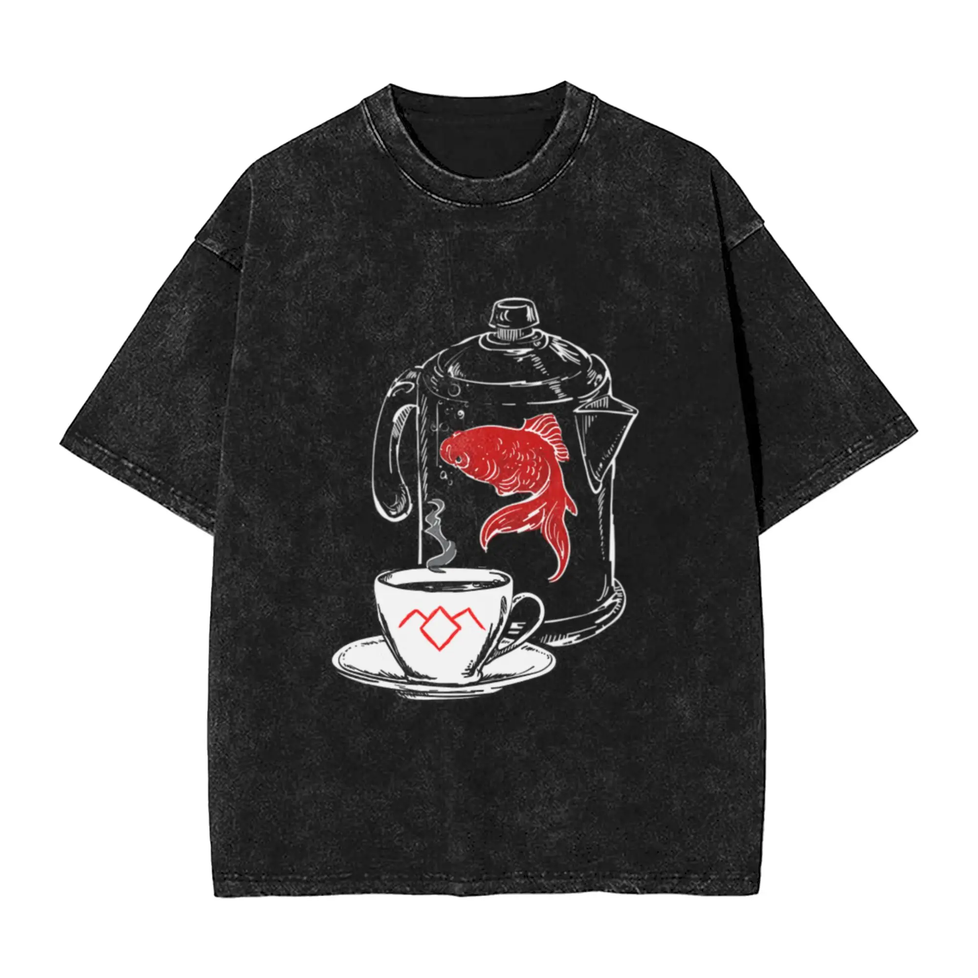 Twin Peaks A Fish In The Percolator Vintage Coffee Shop Print  Chic A Washed T Shirt Men's Women's Oversized Cotton Tees Tops