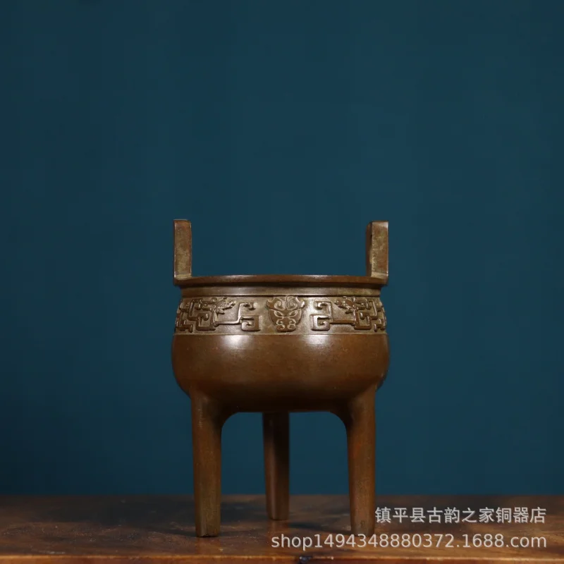 Pure Copper High- Straight-Eared Three-Legged Incense Burner Round Censer Ornament for Office Living Room Shop Study Openi