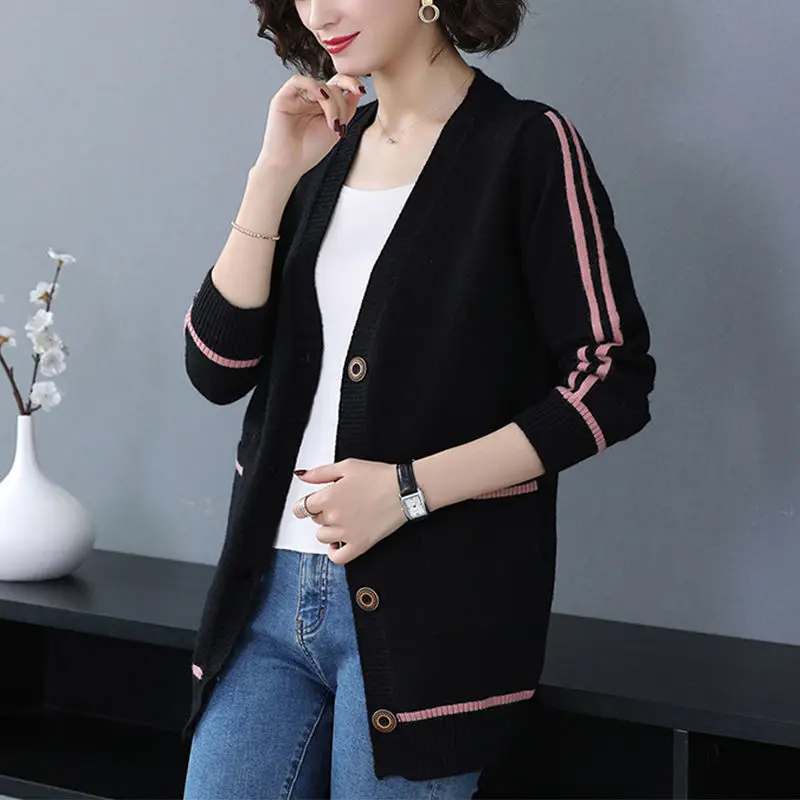 2024 Autumn Winter New Sweater Coat Ladies Loose Korean Long Sleeve Knitting Mid Length Top Women Clothing Striped Cardigan Tops