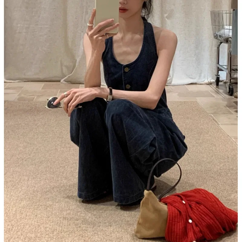 

Soft Korean-style Retro Hong Kong-style Slimming Neck-wrap Denim Suspenders One-piece Pants for Women, New Style Long Pants