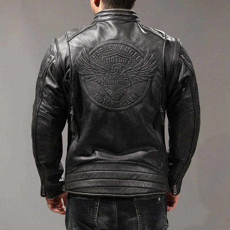 

2023 New Removable Sleeve Cowhide Coats Four Seasons Men's Heavy Washed Motorcycle Biker Vintage Eagle Real Leather Jacket