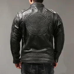 New Removable Sleeve Cowhide Coats Four Seasons Men's Heavy Washed Motorcycle Biker Vintage Eagle Real Leather Jacket