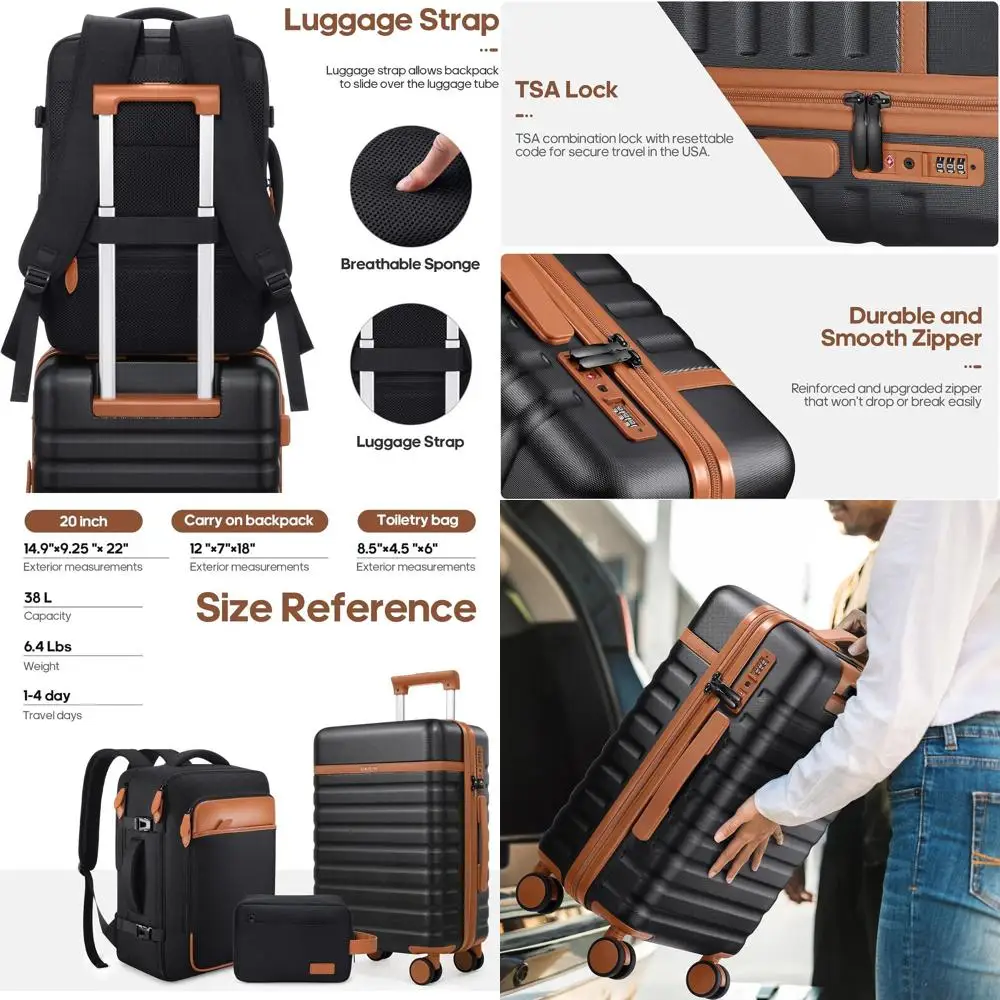 

3-Piece Hardside Spinner Luggage Set with TSA Lock, 20 Carry-On, Travel Backpack Included (Black)