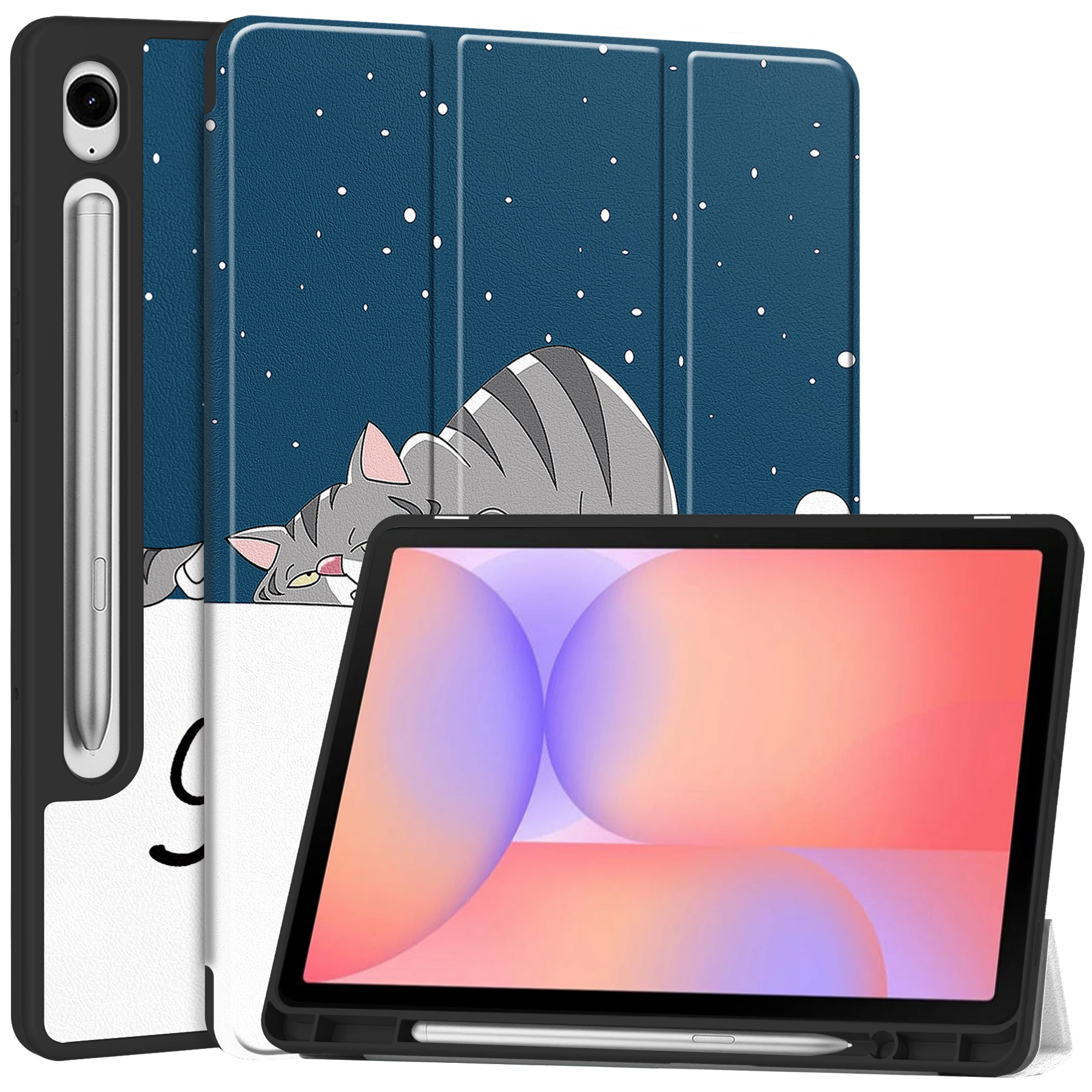 For Samsung Galaxy Tab S10 Lite Tablet Case Pattern Printing Tri-Fold Stand Leather + TPU Cover with Pen Holder - Cat