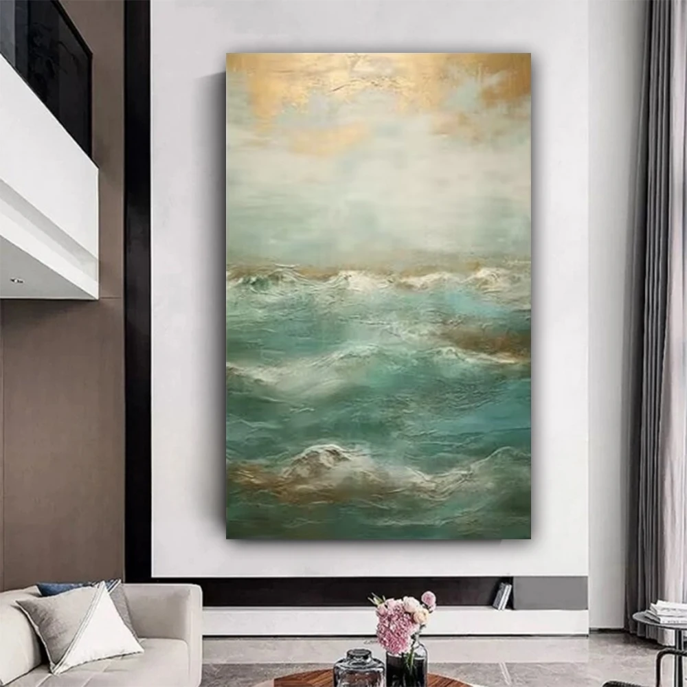 Large Scale Abstract Handmade Texture Painting, Green Gold Foil Abstract Oil Painting, Modern Wall Art, Living Room Decoration