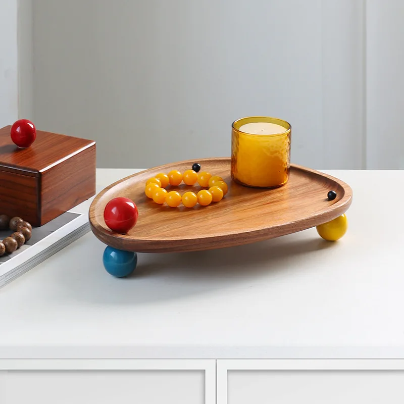 Colorful Ball Leg Wood Tray Modern Decorative Display Stand for Candles, Perfume, Jewelry Stylish Home Decor with Retro Vibe