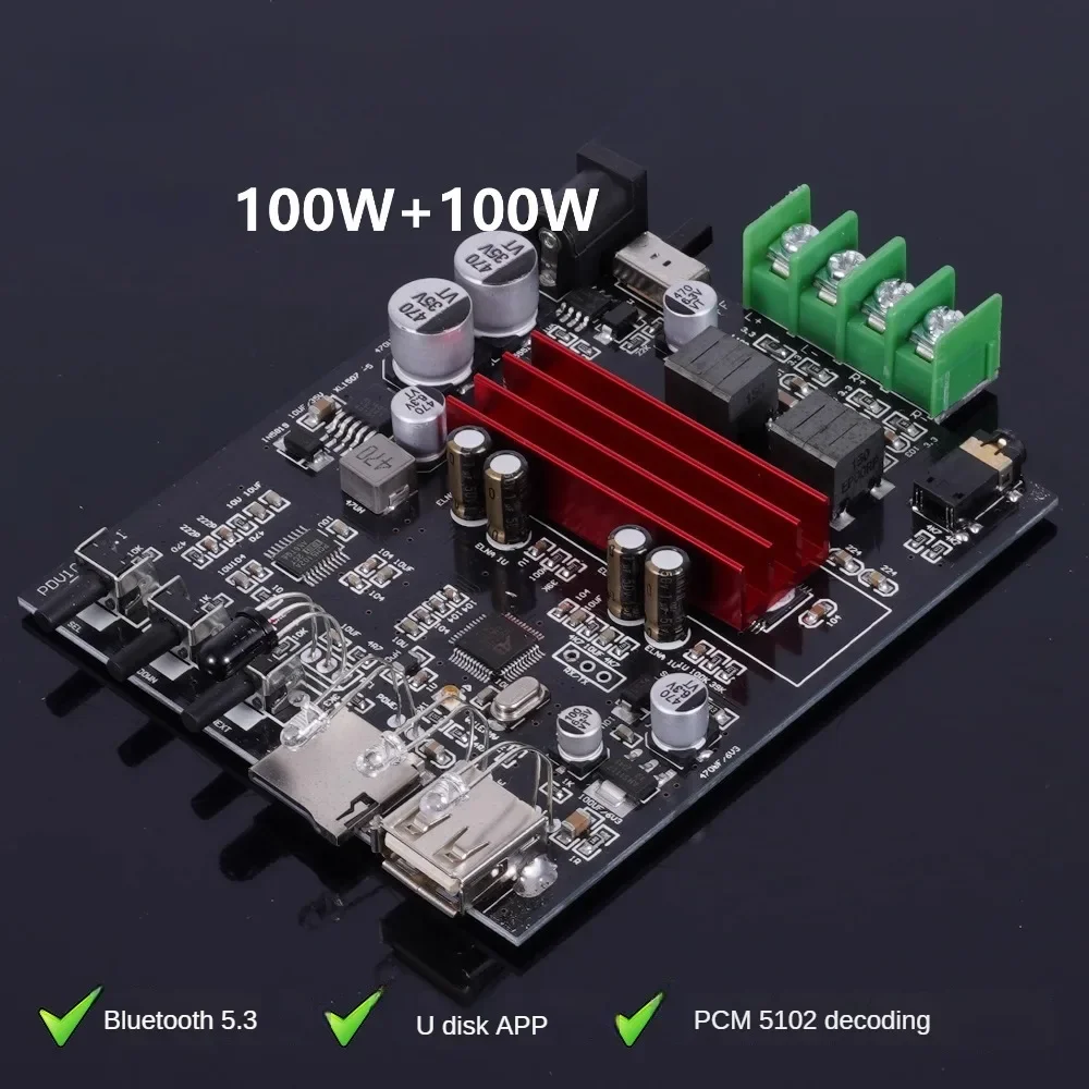 TPA3116D2 Bluetooth 5.3 Stereo Power Amplifier Board 100W+100W USB Flash Disk PCM5102 Decoding Lossless Player