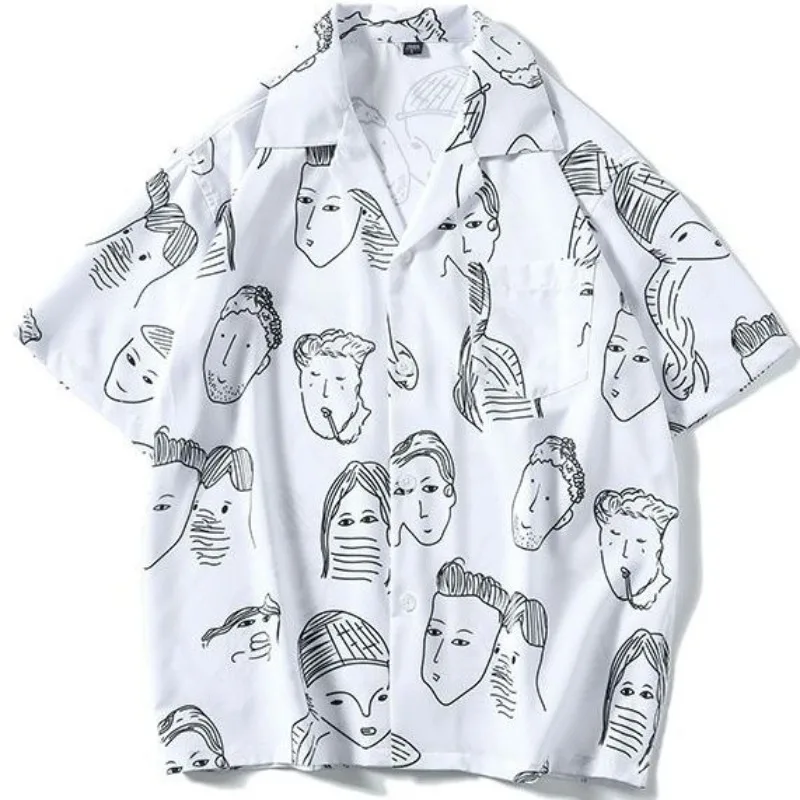 Japanese Anime Man Full Printed Graphic Shirts for Men Loose Oversized Button Up Blouse Half Sleeve Lapel Tops Y2K Beach Clothes