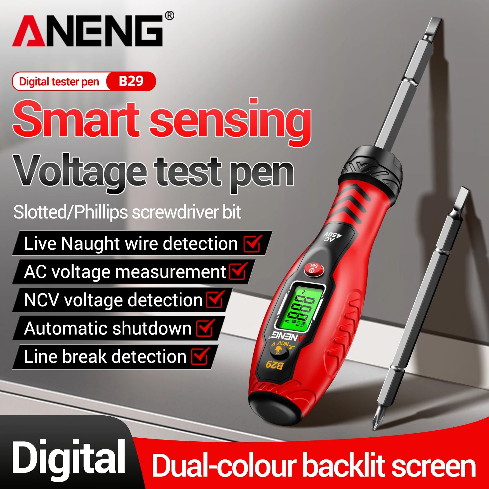 ANENG B29Non Contact AC Voltage Tester Pen NCV Voltage Detector Live Neutral Line Test Buzzer Screwdriver Electrical Repair Tool
