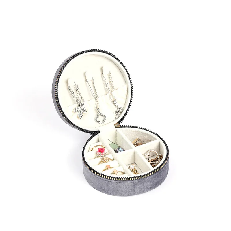 صندوق مجوهرات بسحاب مخملي مستدير. صندوق تخزين رائع. صندوق مجوهرات وأقراط وقلادة محمولة للسفر. صندوق تعبئة التخزين