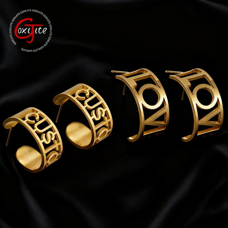 Goxijite Custom Name Stud Earring For Women Girls Stainless Steel Customized Semi Circle Nameplate Piercing Earrings Party Gift