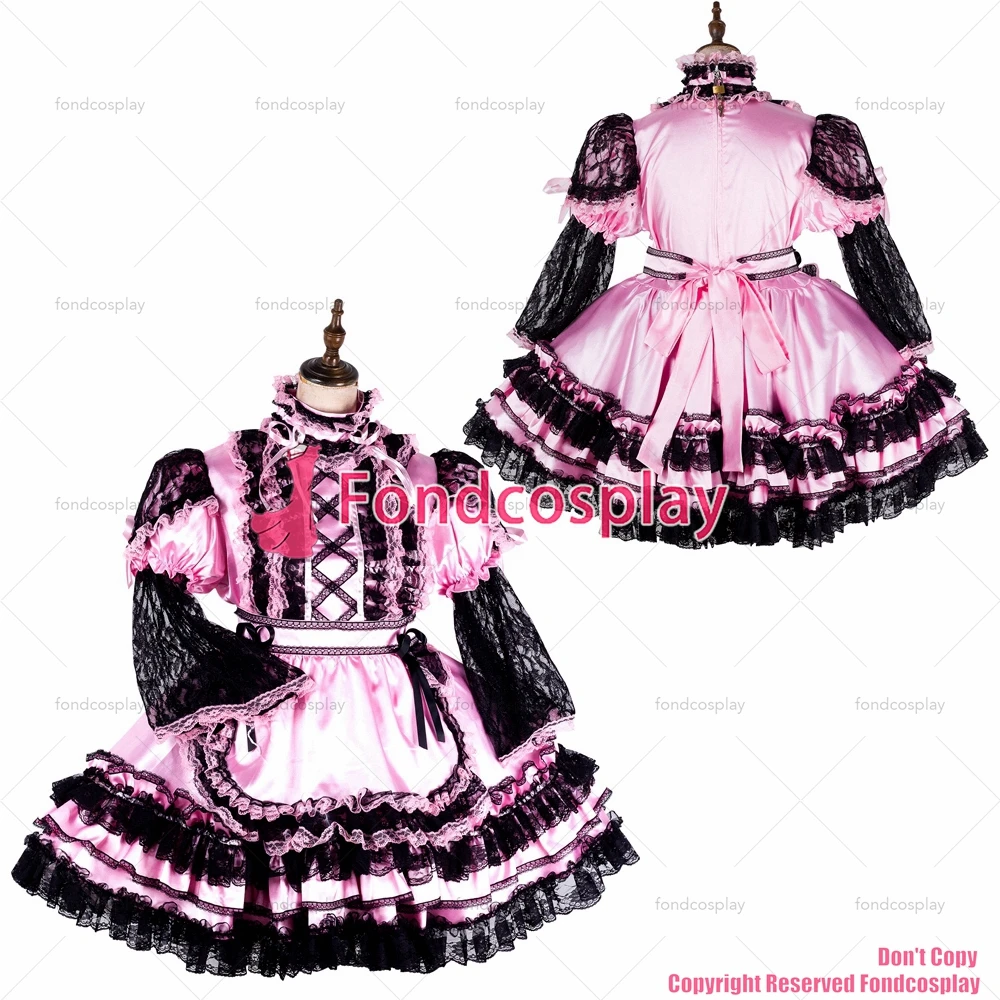 fondcosplay adult sexy cross dressing sissy maid short baby pink satin dress lockable Uniform apron costume CD/TV[G2130]