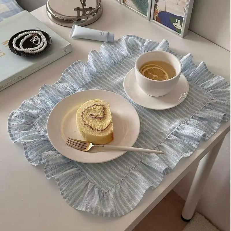 For Kitchen Dining Room Breakfast Party Napin Pink Blue Stripe Ruffle Placemat Set Cute Table Decor