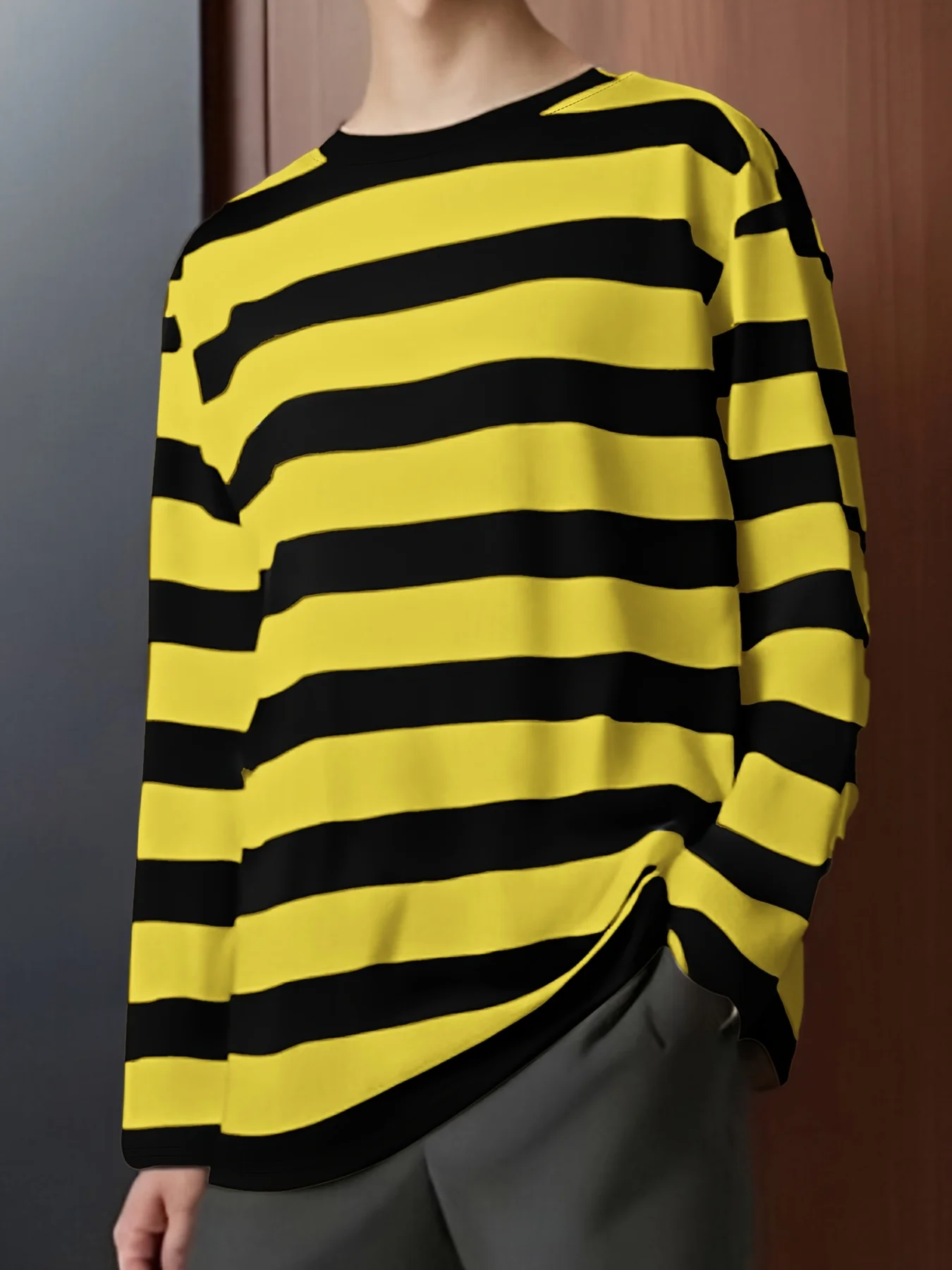 2026 New Style Unisex Man Adults Long Sleeve T Shirt Red Black Horizontal Stripe Crew Neck Loose Casual Streetwear Tops