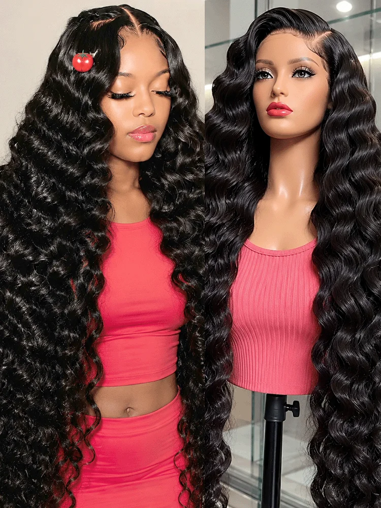

13X4 13X6 Loose Deep Wave Lace Front Wig Human Hair For Women Deep Water Wavy HD Transparent Swiss Lace Frontal Pre Plucked Baby Hair Brazilian Remy Curly Hair Wigs Natural Black 250 Density 46 Inch