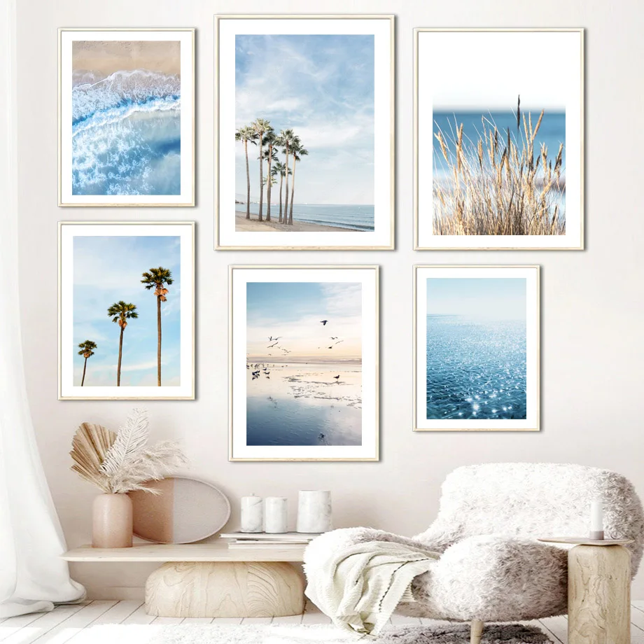Blue Sea Wave Beach Wheat Coconut Tree Wall Art Aesthetics Print Canvas Painting Posters for Living Room Modern Home Decor