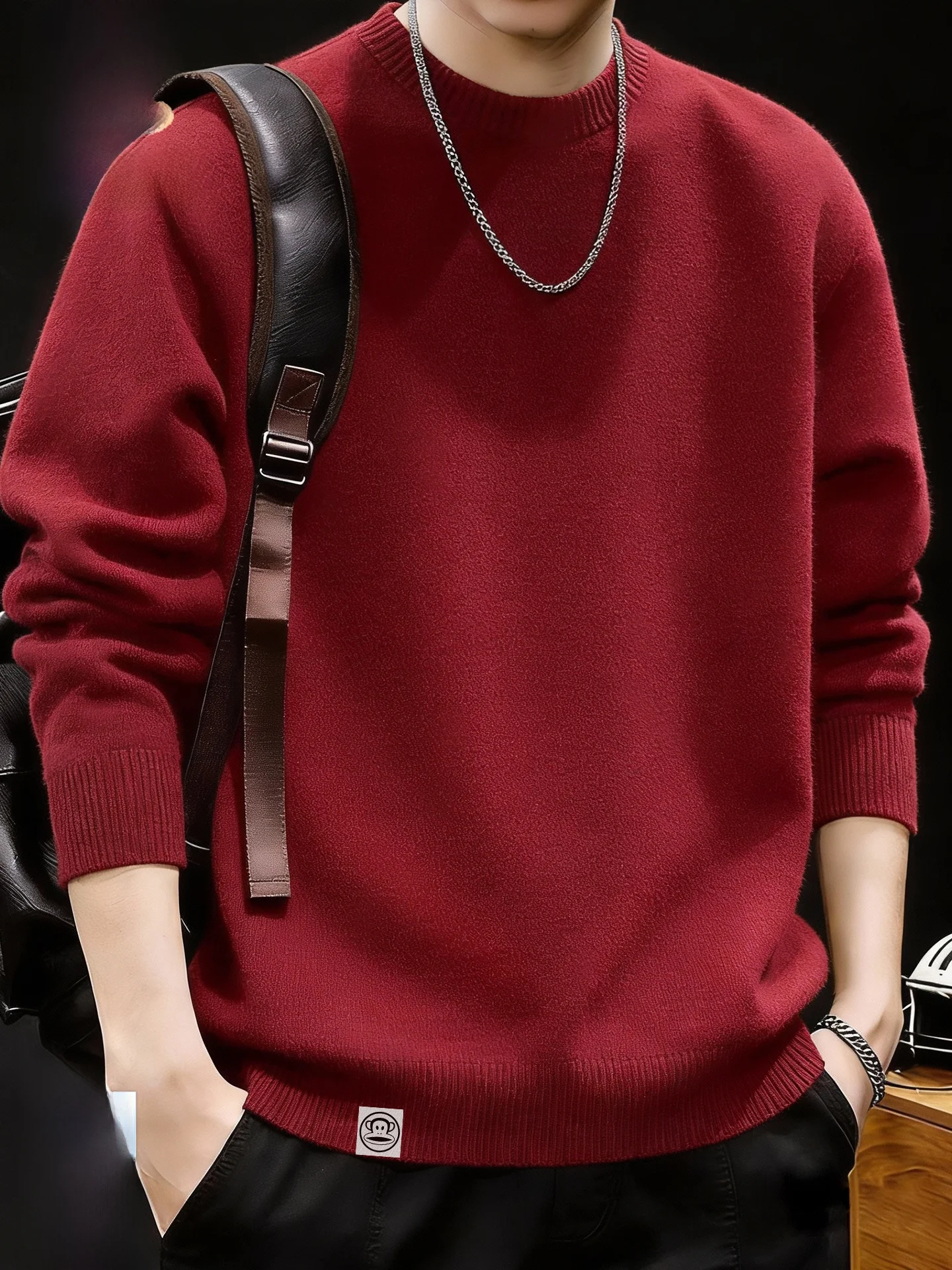 Suéter de punto de manga larga con cuello redondo para hombre, color rojo vino, modelo 2026, con forro polar integrado.